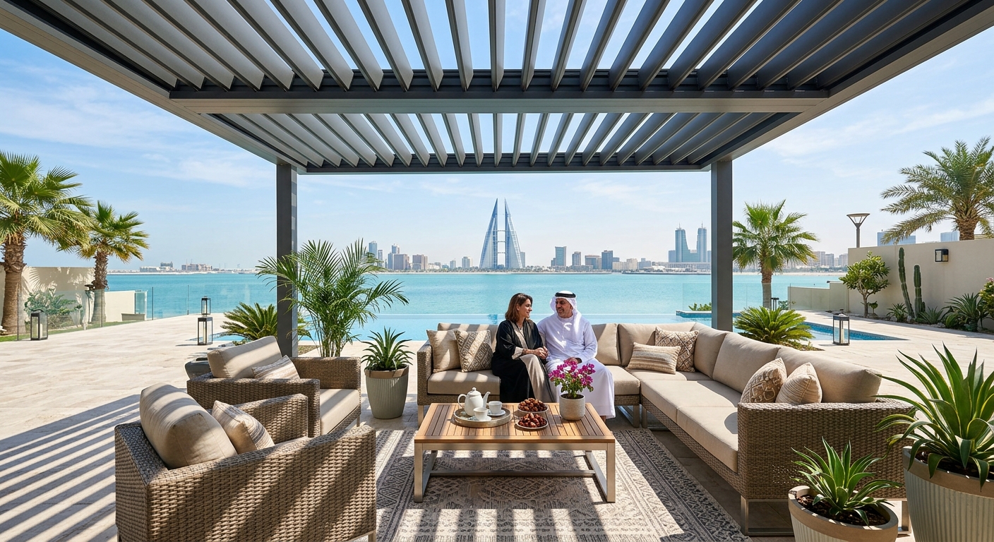 Bioclimatic louvered pergola in luxury garden