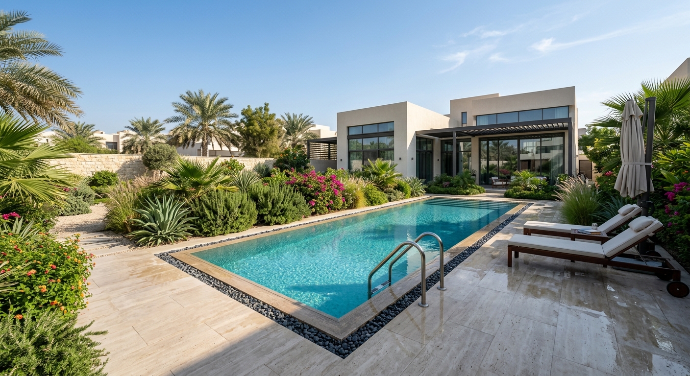 travertine pool deck with integrated planter boxes