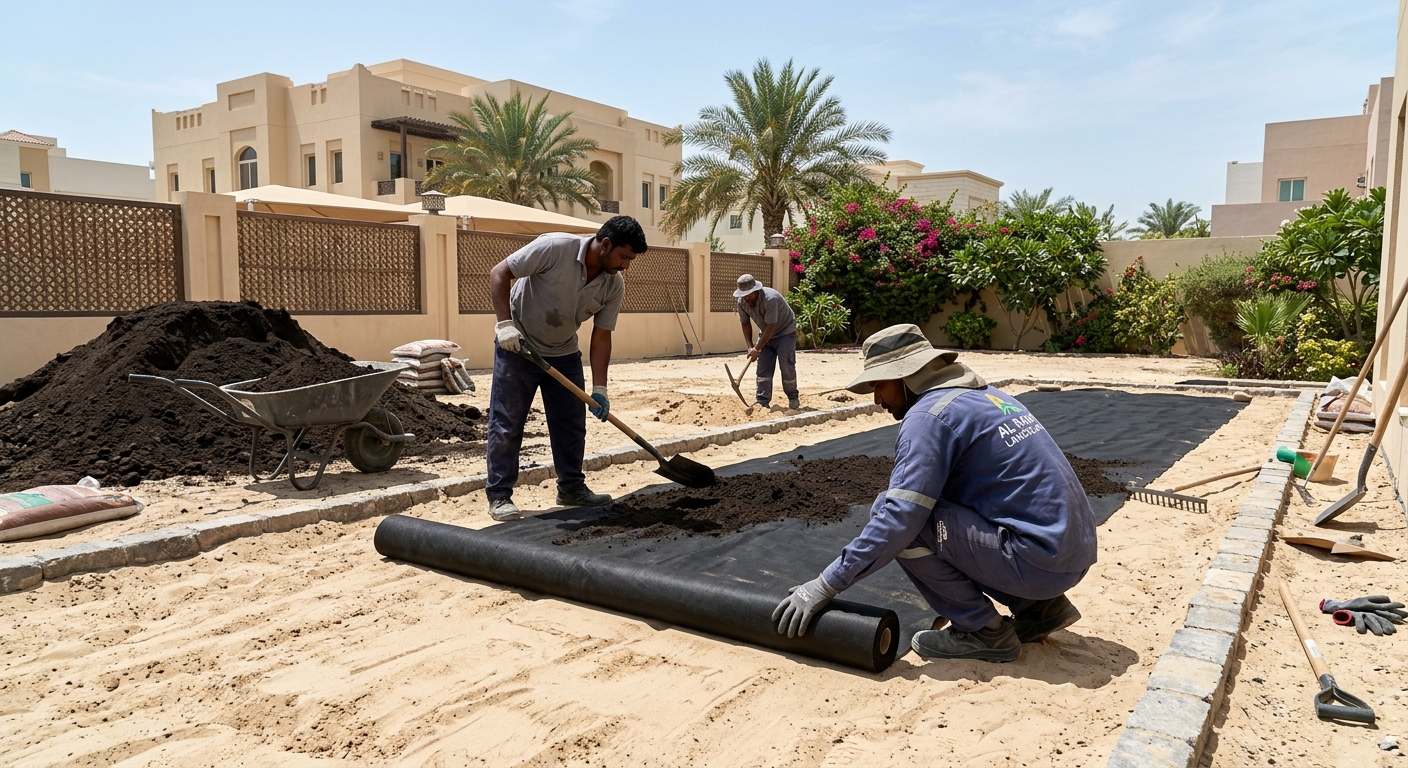 workers installing soil membrane in garden