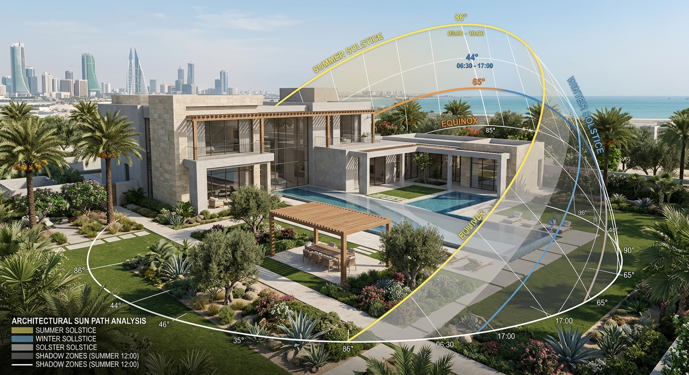 architectural sun path analysis on a villa garden