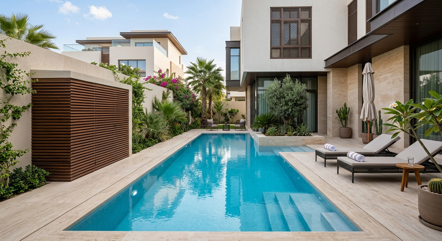 Modern villa pool with integrated chiller system